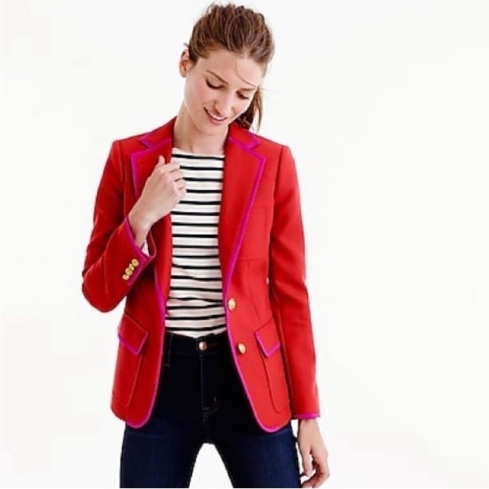 J. Crew | RARE ✨ Red With Hot Pink tipped Trim Wool Rhodes Blazer Size 4 - Picture 2 of 9